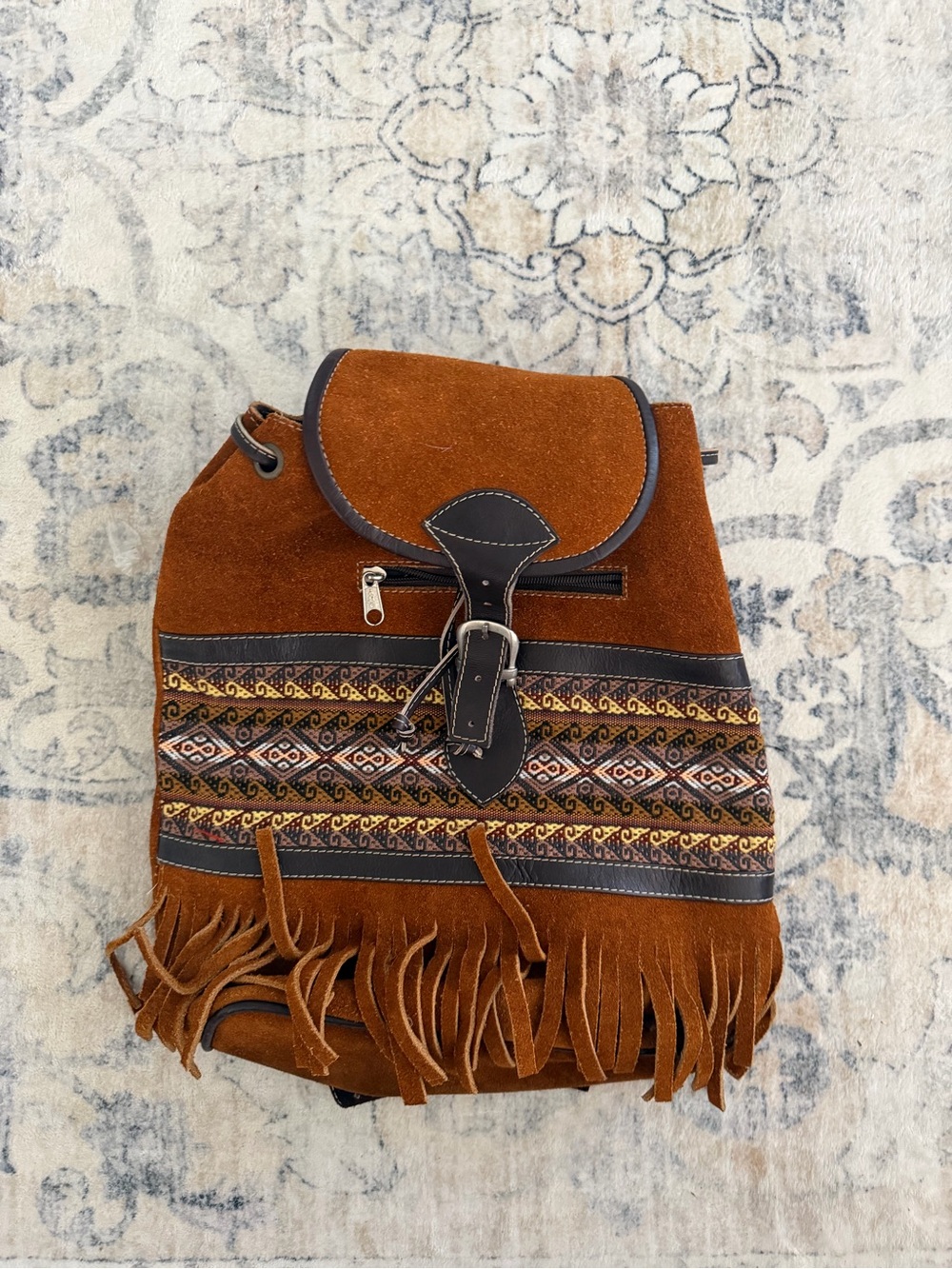Suede Fringe Bucket Backpack in Rust